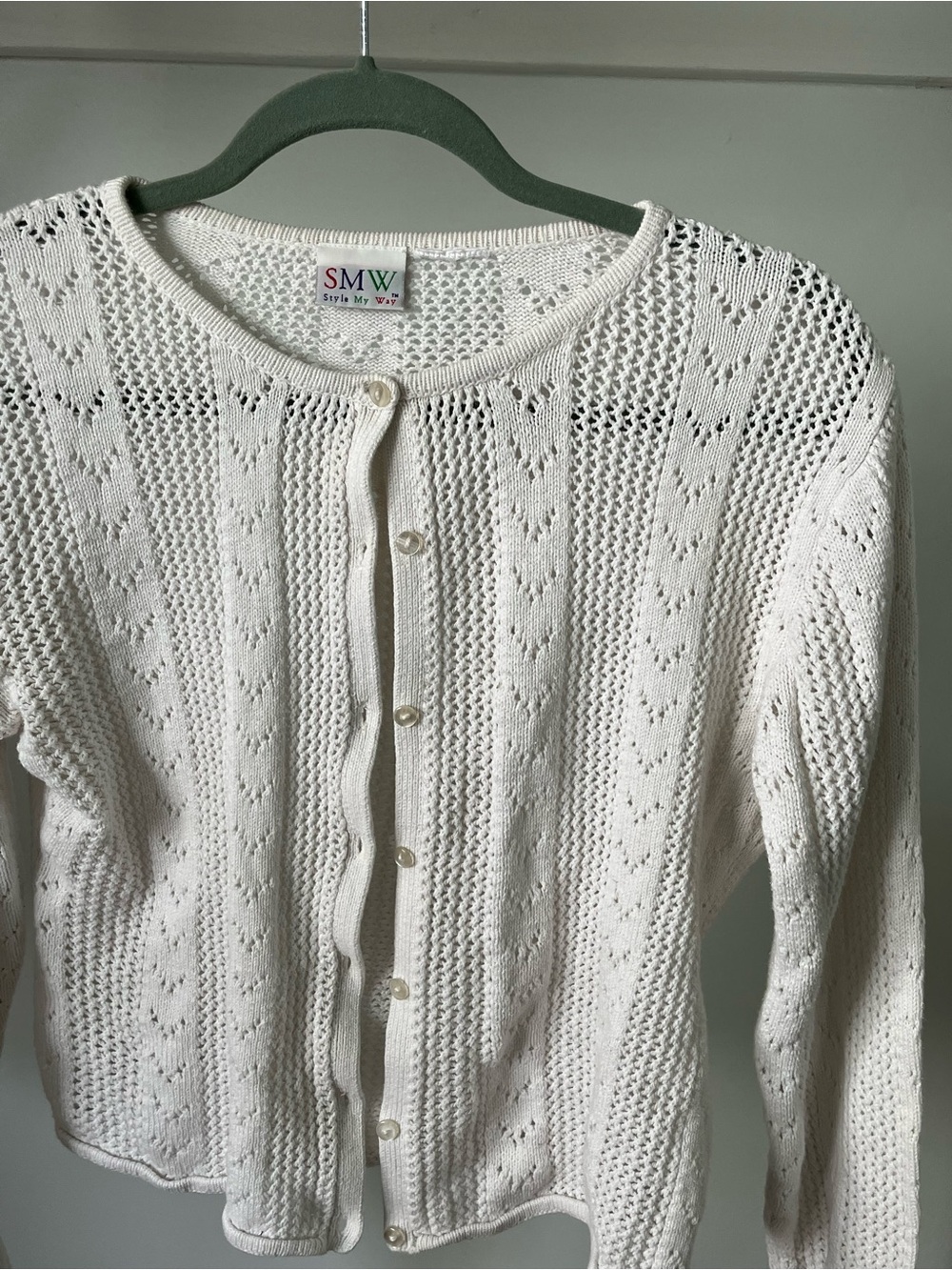 Style My Way White Open-Knit Button Front Cardigan Size M/L